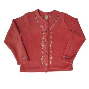 L.L. Bean Vtg Floral Fleece Cardigan Womens M Medium Coral Grandma Cottagecore